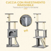 Albero Tiragraffi Multilivello con Casetta, Scala, Pallina e Pali in Sisal, 48x48x125 cm, Grigio