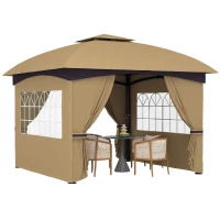 Gazebo da Giardino 3.4x3.4m con Pareti, Protezione UV e Tetto a 2 Livelli, Beige