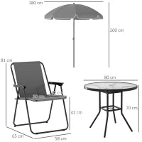 Set da Giardino 6 Pezzi in Acciaio con 4 Sedie Pieghevoli, Ombrellone e Tavolo Rotondo, Grigio e Nero