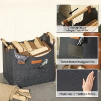 Borsa in Feltro Portalegna da Interno con Manici in Legno, Capacità 15 kg, 45x32x40 cm, Grigio
