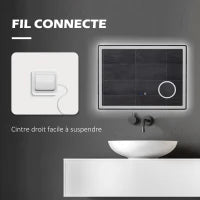 kleankin Specchio da bagno rettangolare a LED con funzione anti-appannamento, luminosità regolabile, specchio ingranditore x3 80 x 60 cm trasparente