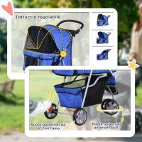 Passeggino per Cani Piccoli Pieghevole, Carrozzina per Cani con Ruote con Freni, Portabicchieri, Cestino Portaoggetti e Imbottitura Rimovibile e Lavabile, per Animali Domestici 10 kg, Blu