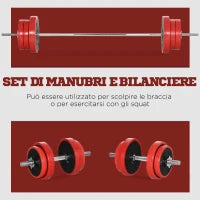 Set Bilanciere e Dischi 65kg totali per Workout in Casa, in Metallo, Sabbia di Ferro e Gomma, Rosso