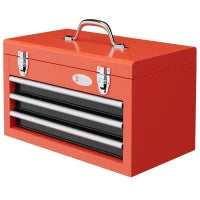 DURHAND Cassetta Porta Attrezzi con 3 Cassetti e Vano Superiore in Acciaio con Maniglia, 45x24x27cm, Rosso