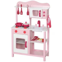 Cucina Giocattolo per Bambini 3+ Anni con Microonde, Piano Cottura e Lavandino, in Legno, 55x24x86 cm, Rosa