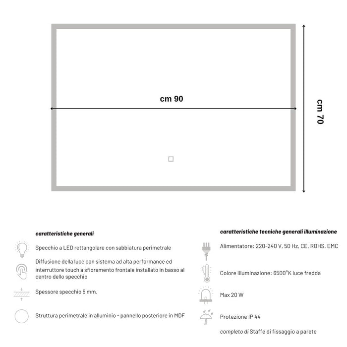 Specchio 5 mm rettangolare squadrato cornice led interruttore touch *** misure 90x70 cm, tonalità dimmerabile 2700-4...