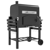 Barbecue da Giardino a 2 Ruote con Griglia, Affumicatore e Fornello, in Metallo e Ghisa, 124x66x112 cm, Nero