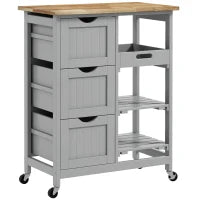 Carrello da cucina su ruote con piano in legno, 3 cassetti e piano rimovibile, 67x37x85,5 cm, Grigio