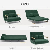 Divano Letto 3 in 1 in Tessuto Effetto Velluto con Schienale Regolabile e 2 Cuscini, 102x73x81 cm, Verde