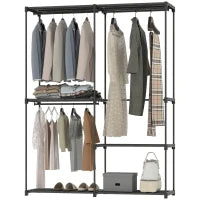 Armadio Guardaroba con 2 Aste e 4 Ripiani, in Tessuto non Tessuto, Plastica e Acciaio, 142x43x185 cm, Nero