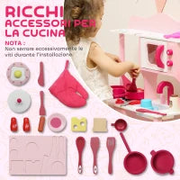 Cucina Giocattolo per Bambini 3+ Anni con Microonde, Piano Cottura e Lavandino, in Legno, 55x24x86 cm, Rosa