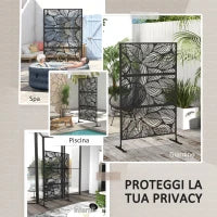 Paravento da Esterno Decorativo in Acciaio Traforato con Design a Foglie, 122x198cm, Nero