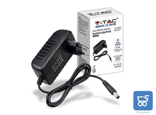 V-TAC Alimentatore 12V 30W 2,5A per Telecamere Strisce LED Modem 12V Input AC 100-240V 50/60Hz spine EU Spinotto 5,5x2,1mm