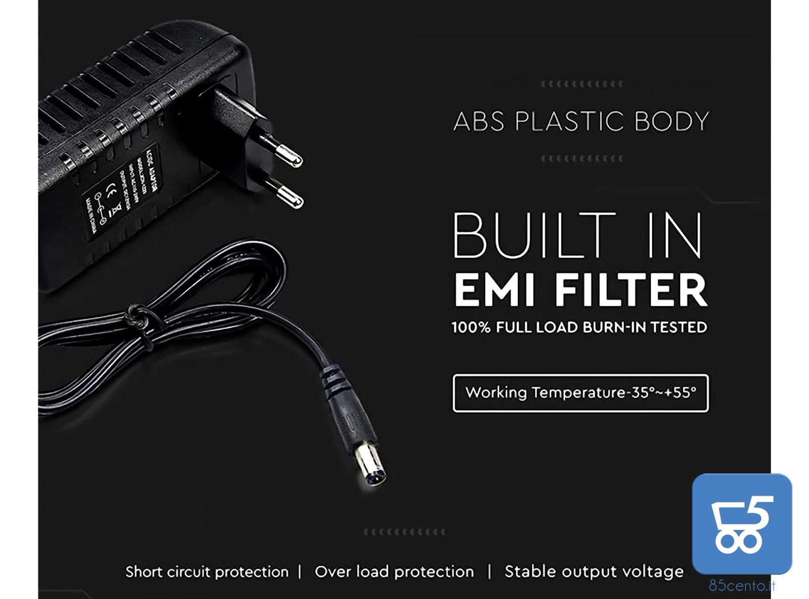 V-TAC Alimentatore 12V 30W 2,5A per Telecamere Strisce LED Modem 12V Input AC 100-240V 50/60Hz spine EU Spinotto 5,5x2,1mm