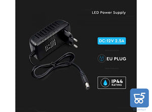 V-TAC Alimentatore 12V 30W 2,5A per Telecamere Strisce LED Modem 12V Input AC 100-240V 50/60Hz spine EU Spinotto 5,5x2,1mm