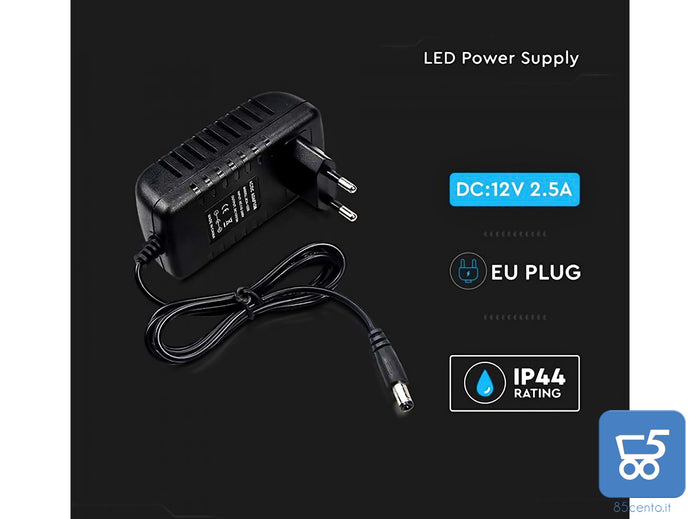 V-TAC Alimentatore 12V 30W 2,5A per Telecamere Strisce LED Modem 12V Input AC 100-240V 50/60Hz spine EU Spinotto 5,5x2,1mm