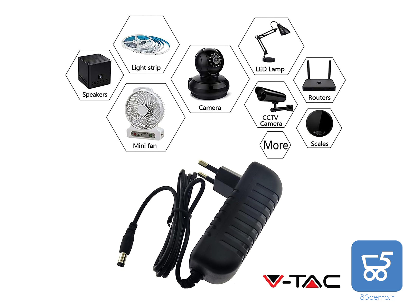 V-TAC Alimentatore 12V 30W 2,5A per Telecamere Strisce LED Modem 12V Input AC 100-240V 50/60Hz spine EU Spinotto 5,5x2,1mm
