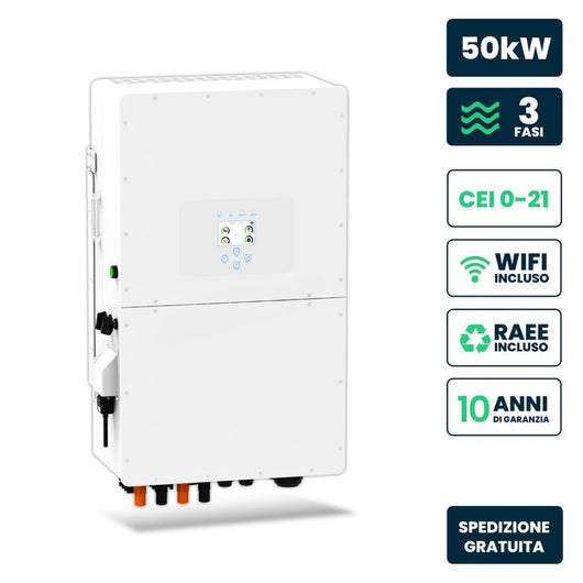 V-TAC Inverter Fotovoltaico Deye Trifase Ibrido ALTA TENSIONE On-Grid/Off-Grid 50kW CEI 0-21, Schermo LCD Touch a Colori, Smart Meter Integrato, WiFi e TA, Garanzia 10 Anni IP65 SKU-11861