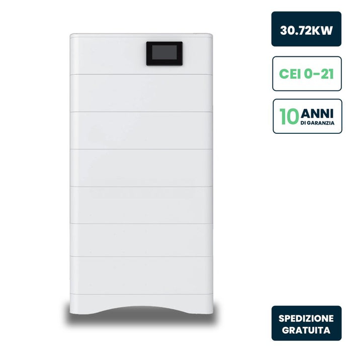Kit 6 Moduli di Accumulo Impilabili Alta Tensione 30kWh LiFePO4 BMS Integrato, Inclusa Base e Box di Controllo, 100Ah, 307.2V, IP65, CEI 0-21 Garanzia 10 Anni SKU-120026
