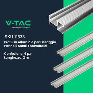 V-TAC Profili in Alluminio Argento per Fissaggio Pannelli Solari Fotovoltaici Lunghezza 2m (Confezione 4 Pezzi) SKU-11538