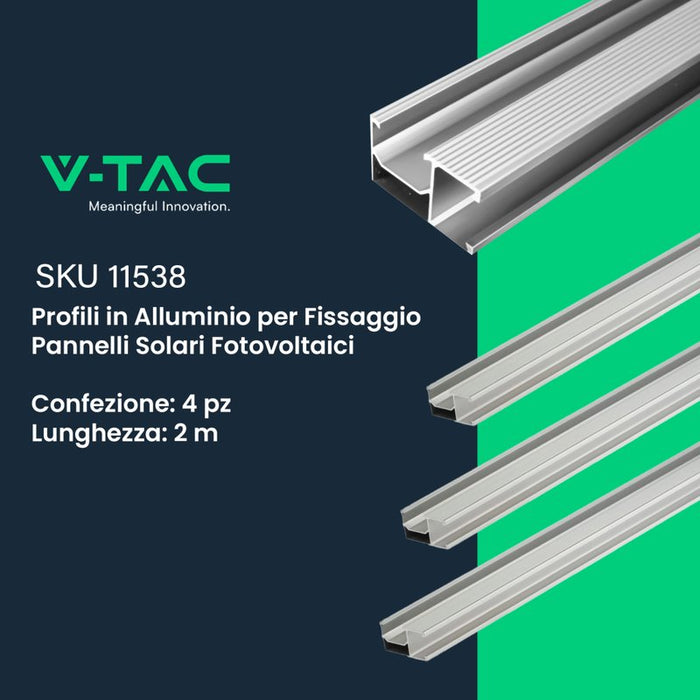 V-TAC Profili in Alluminio Argento per Fissaggio Pannelli Solari Fotovoltaici Lunghezza 2m (Confezione 4 Pezzi) SKU-11538