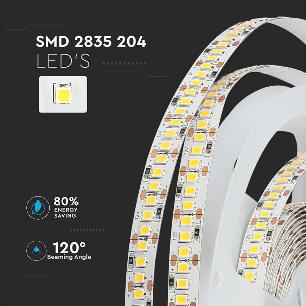 V-TAC VT-2835 204 Striscia Strip LED SMD2835 18W/mt 5mt 204 LED/mt 12V 4000K IP20 SKU 2462