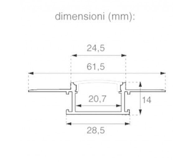 Profilo in Alluminio Colore Silver per Doppia Strip LED ad Incasso per Cartongesso (Max l: 20,7mm) Copertura Satinata 2000 x 61,5mm