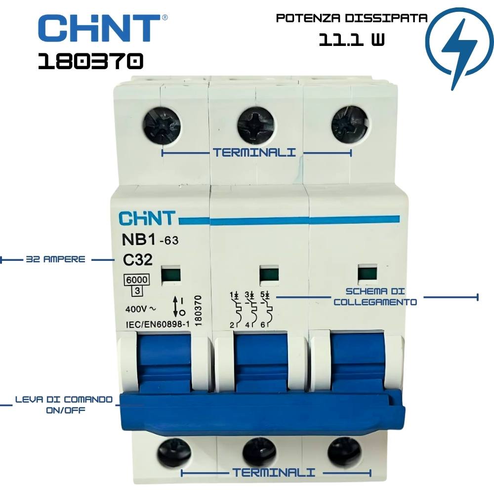 Chint nb1-63 interruttore magnetotermico 3p curva c 6ka guida din *** ampere 32 ampere, confezione 1
