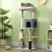 Albero per Gatti Multilivello Alto 132 cm con Casetta, Lettino, Pali Tiragraffi, Spazzola e Pallina, Grigio