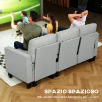 Divano Letto 3 Posti con Chaise e Spazio Contenitore, in Tessuto Effetto Lino, 197x129x85 cm, Grigio e Nero