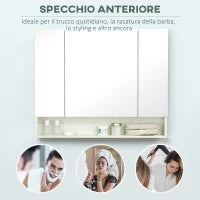 kleankin Armadietto con Specchio a 4 Sezioni con Ripiani Regolabili, Specchiera Bagno in Legno e Vetro, 90x15x75 cm, Bianco