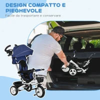 Triciclo Passeggino per Bambini con Maniglione, Parasole Regolabile e Cintura di Sicurezza, Blu Scuro
