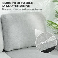 Divano Letto 3 Posti con Chaise e Spazio Contenitore, in Tessuto Effetto Lino, 197x129x85 cm, Grigio e Nero