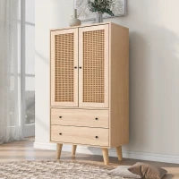 Credenza legno multifunzione con 2Ante in Rattan e 2Cassetti, impermeabili e gambe in legno di pino massiccio, Quercia