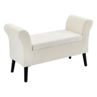 Panca Contenitore con Braccioli, in Tessuto Effetto Velluto e Legno, 111.5x41x65 cm, Bianco Crema