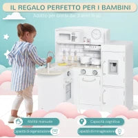 Cucina Giocattolo per Bambini in Legno con 14 Accessori, Forno, Lavandino, Frigo e Microonde, Età 3+ Anni, 86x64x84.5cm, Bianco e Argento