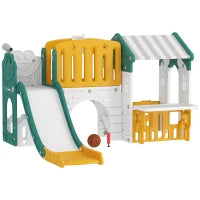 Scivolo 7-in-1 per bambini, per interno ed esterno, con struttura da arrampicata, casetta, lavagna, canestro da basket, 1-4 anni, in plastica, Giallo e Verde