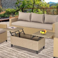 Tavolino da Caffè da Giardino Sollevabile, in Metallo Epossidico e Resina Intrecciata Effetto Rattan, Beige