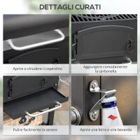 Barbecue da Giardino a 2 Ruote con Griglia, Affumicatore e Fornello, in Metallo e Ghisa, 124x66x112 cm, Nero