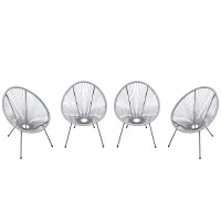 Set di 4 Sedie da Giardino Ovali in Rattan PE e Metallo in Stile Boho Chic, Grigio Chiaro