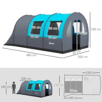 Tenda da Campeggio 3 Posti Impermeabile con Zona Notte e Giorno, in Poliestere, 480x260x200 cm, Grigio e Blu