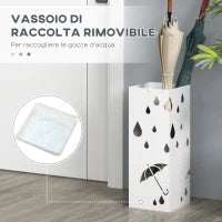 Portaombrelli in Metallo con 4 Ganci e Vaschetta Raccogligocce, 15.5x15.5x41cm, Bianco