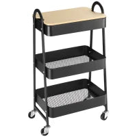 Carrello portaoggetti in acciaio con ruote e 3 ripiani, piano MDF, maniglie, 45L x 31P x 79,4A cm, Nero