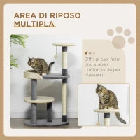 Albero Tiragraffi per Gatti a 3 Livelli con Pali in Sisal e Altezza 105cm, Grigio