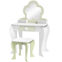 Set Toeletta per Bambina con Specchio Trucco e Sgabello Abbinato in Legno, Cassetto e Contenitori, Bianco