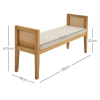 Panca Fondo Letto Boho con Seduta Imbottita e Braccioli in Legno e Rattan, 120x38x61.5cm, Crema