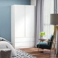 Armadio Guardaroba in Truciolato Bianco con Appendiabiti e 2 Cassetti Scorrevoli per Camere da Letto, 100x60x200 cm