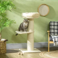 Albero Tiragraffi per Gatti con Grattatoio, 2 Piattaforme, Cestino, Palla Sospesa, Peluche Sisal Naturale, Beige