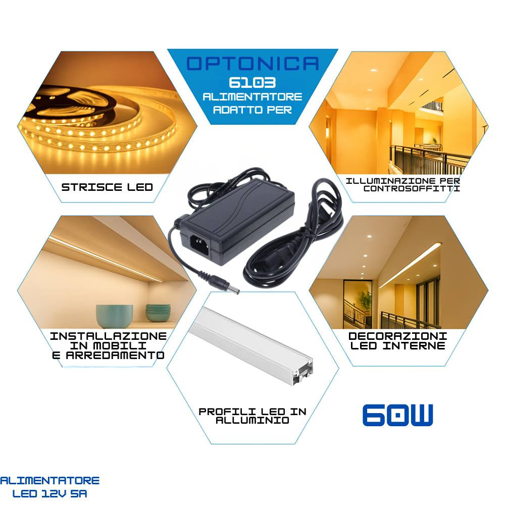 Alimentatore 60w 12v 5a per strisce led ip20 interno