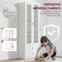 Credenza Cucina con Armadietto e 2 Cassetti, Ante in Vetro e Ripiani Regolabili, 59x30x164 cm, Bianco